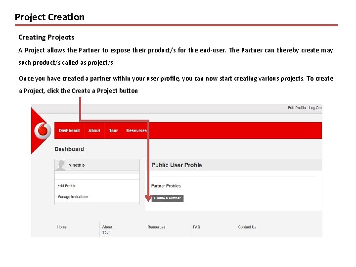 Project Creation Creating Projects A Project allows the Partner to expose their product/s for
