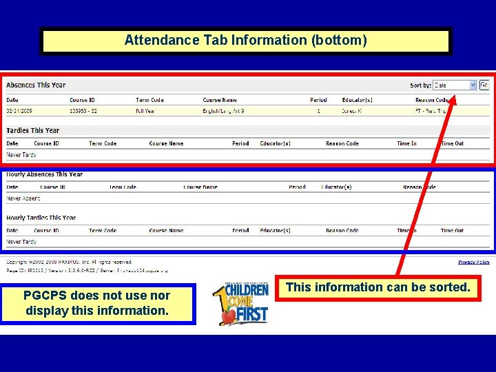 Attendance Tab Information (bottom) PGCPS does not use nor display this information. This information