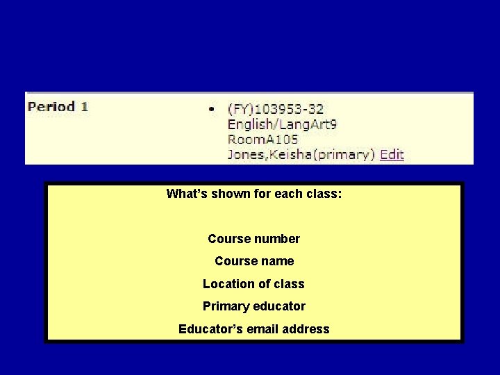What’s shown for each class: Course number Course name Location of class Primary educator