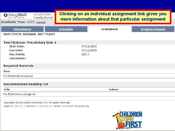 Clicking on an individual assignment link gives you more information about that particular assignment