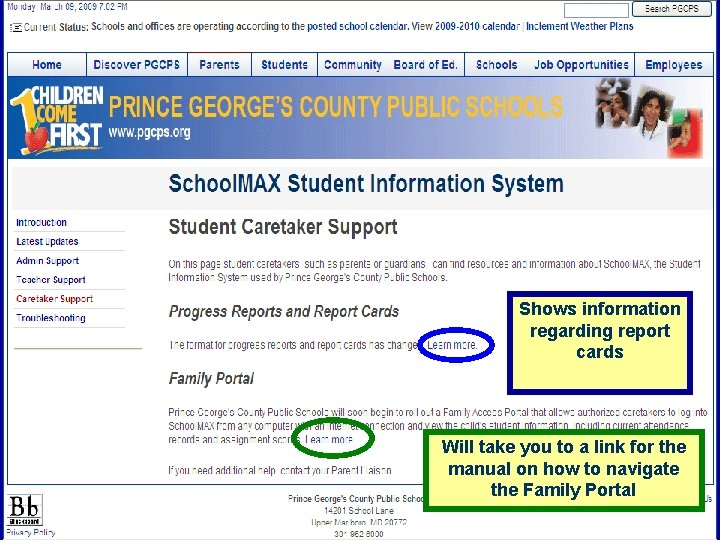 Shows information regarding report cards Will take you to a link for the manual