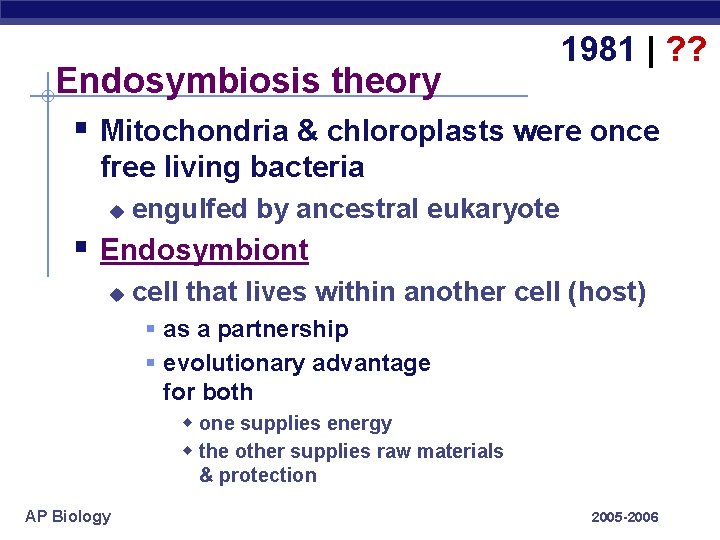 1981 | ? ? Endosymbiosis theory § Mitochondria & chloroplasts were once free living