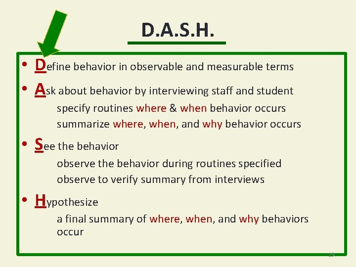 D. A. S. H. • Define behavior in observable and measurable terms • Ask