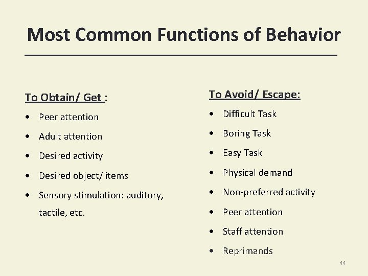 Most Common Functions of Behavior To Obtain/ Get : To Avoid/ Escape: · Peer