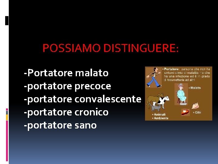 POSSIAMO DISTINGUERE: -Portatore malato -portatore precoce -portatore convalescente -portatore cronico -portatore sano 