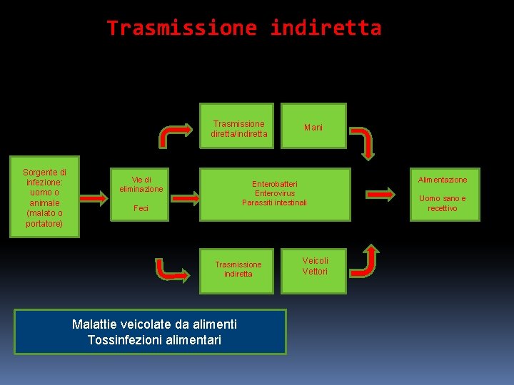 Trasmissione indiretta Trasmissione diretta/indiretta Sorgente di infezione: uomo o animale (malato o portatore) Vie