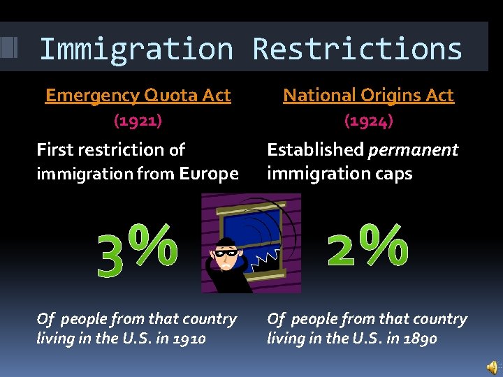 Immigration Restrictions Emergency Quota Act National Origins Act (1921) (1924) First restriction of immigration