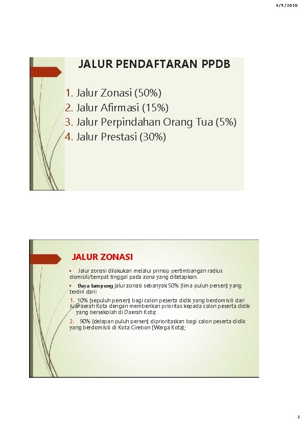 6/9/2020 JALUR PENDAFTARAN PPDB 1. Jalur Zonasi (50%) 2. Jalur Afirmasi (15%) 3. Jalur