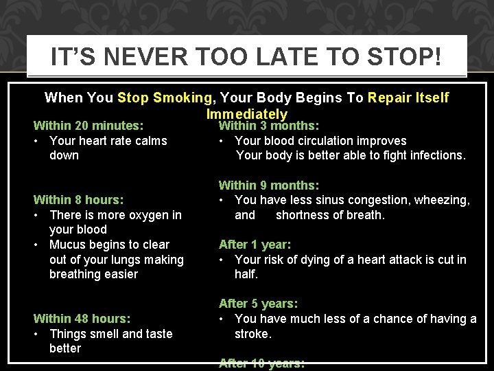 IT’S NEVER TOO LATE TO STOP! When You Stop Smoking, Your Body Begins To