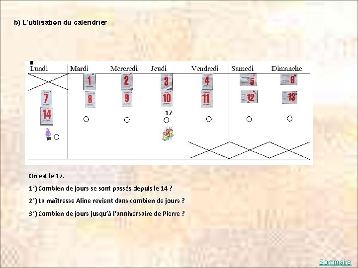 b) L’utilisation du calendrier 17 On est le 17. 1°) Combien de jours se