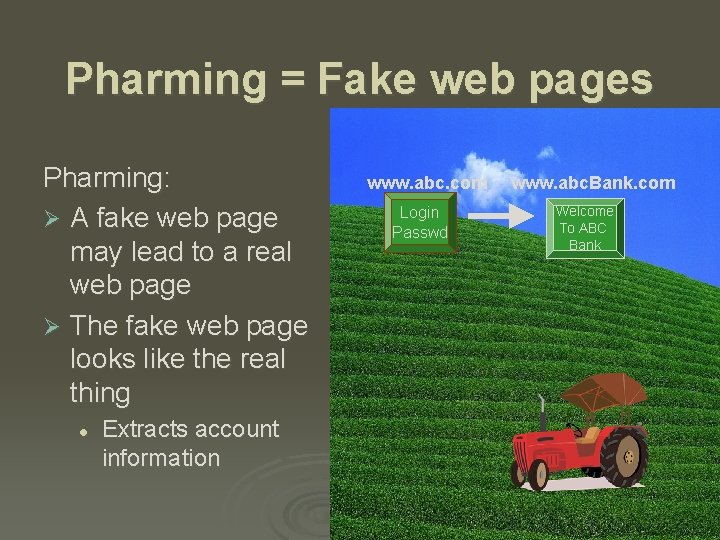 Pharming = Fake web pages Pharming: Ø A fake web page may lead to