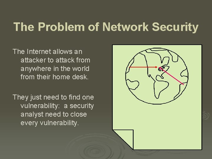 The Problem of Network Security The Internet allows an attacker to attack from anywhere