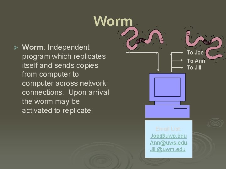 Worm Ø Worm: Independent program which replicates itself and sends copies from computer to