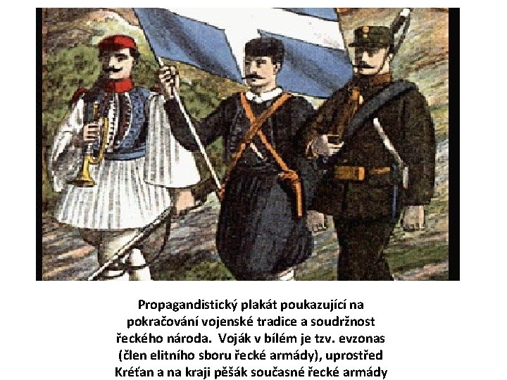 Propagandistický plakát poukazující na pokračování vojenské tradice a soudržnost řeckého národa. Voják v bílém