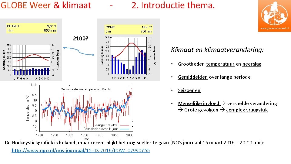 GLOBE Weer & klimaat - 2. Introductie thema. 2100? Klimaat en klimaatverandering: • Grootheden