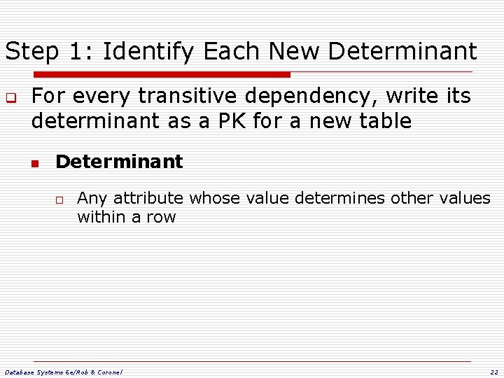 Step 1: Identify Each New Determinant q For every transitive dependency, write its determinant Step 1: Identify Each New Determinant q For every transitive dependency, write its determinant