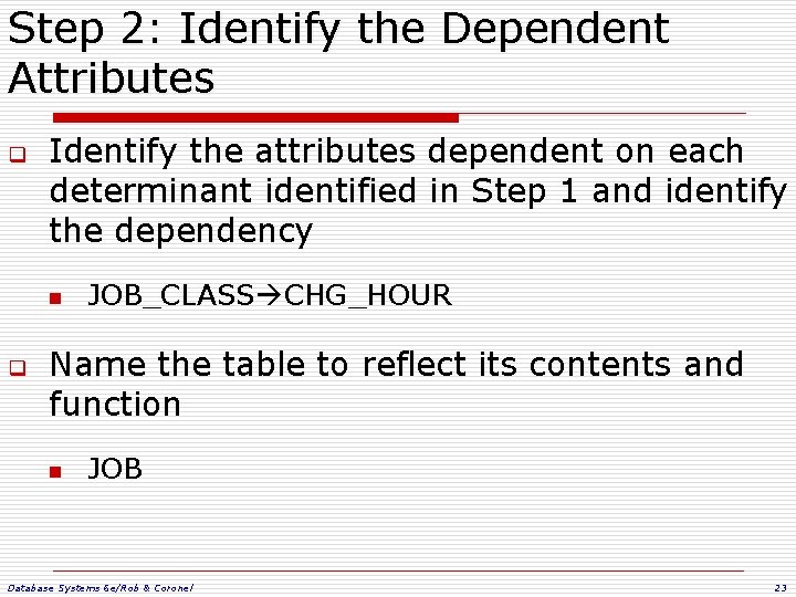 Step 2: Identify the Dependent Attributes q Identify the attributes dependent on each determinant Step 2: Identify the Dependent Attributes q Identify the attributes dependent on each determinant