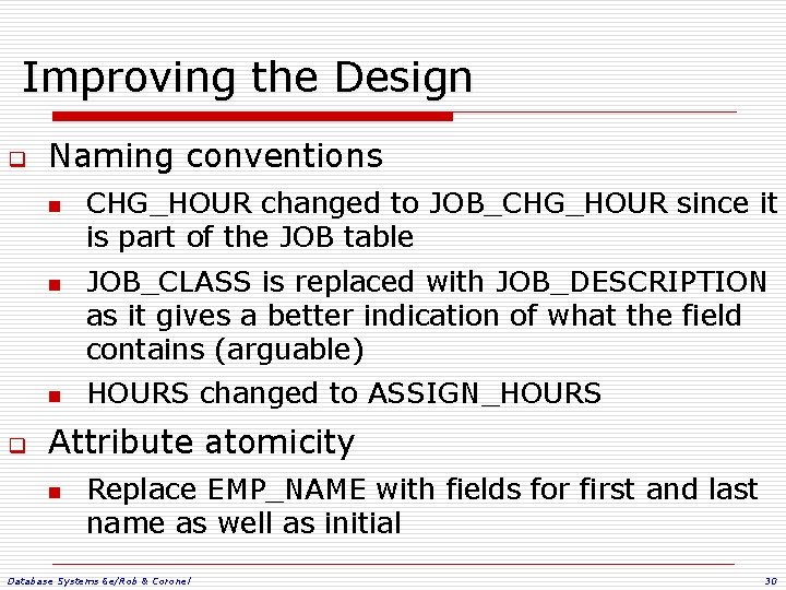 Improving the Design q Naming conventions n n n q CHG_HOUR changed to JOB_CHG_HOUR Improving the Design q Naming conventions n n n q CHG_HOUR changed to JOB_CHG_HOUR