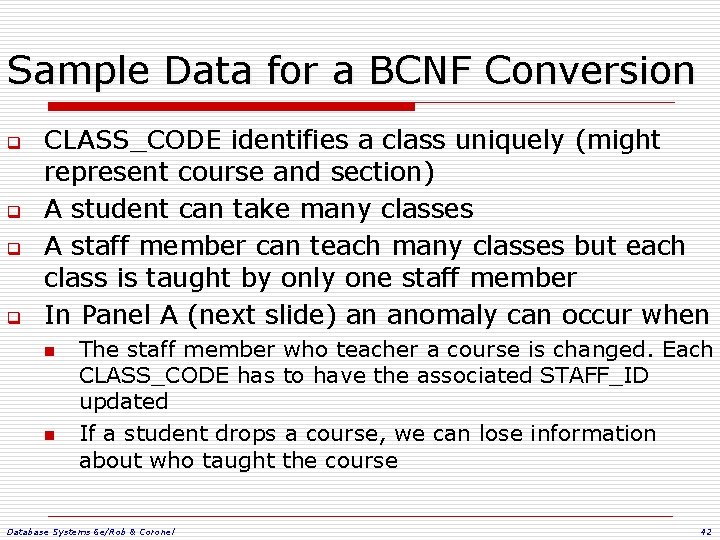 Sample Data for a BCNF Conversion q q CLASS_CODE identifies a class uniquely (might
