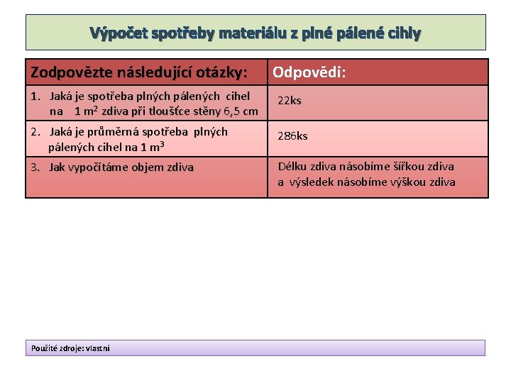 Výpočet spotřeby materiálu z plné pálené cihly Zodpovězte následující otázky: Odpovědi: 1. Jaká je