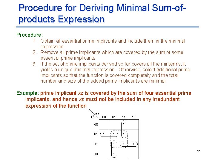 Procedure for Deriving Minimal Sum-ofproducts Expression Procedure: 1. Obtain all essential prime implicants and