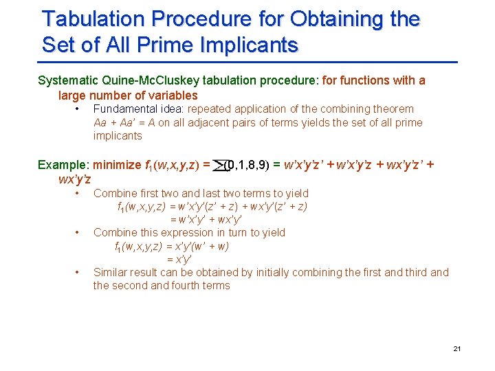Tabulation Procedure for Obtaining the Set of All Prime Implicants Systematic Quine-Mc. Cluskey tabulation