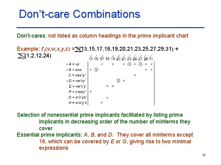 Don’t-care Combinations Don’t-cares: not listed as column headings in the prime implicant chart Example: