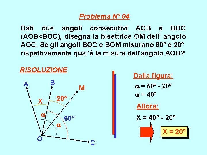 Problema Nº 04 Dati due angoli consecutivi AOB e BOC (AOB<BOC), disegna la bisettrice