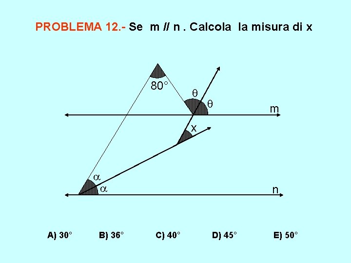 PROBLEMA 12. - Se m // n. Calcola la misura di x 80° m PROBLEMA 12. - Se m // n. Calcola la misura di x 80° m