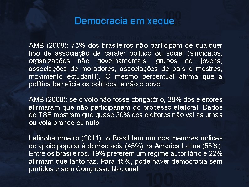 Democracia em xeque AMB (2008): 73% dos brasileiros não participam de qualquer tipo de