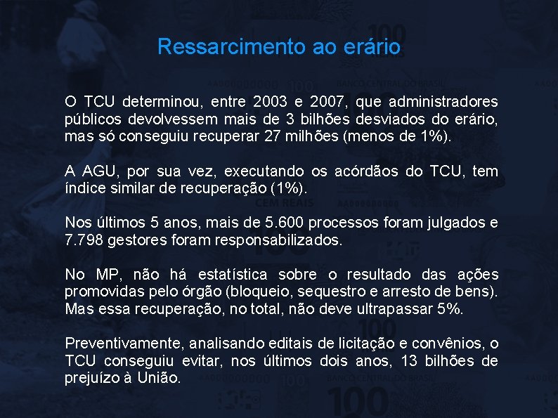 Ressarcimento ao erário O TCU determinou, entre 2003 e 2007, que administradores públicos devolvessem