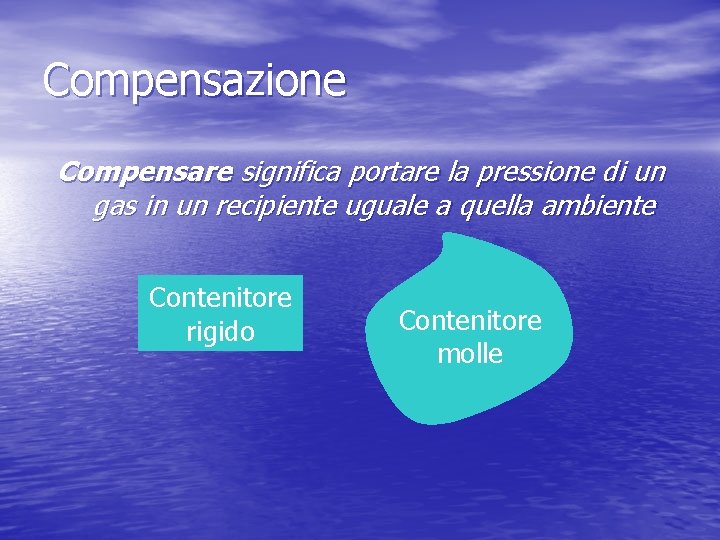 Compensazione Compensare significa portare la pressione di un gas in un recipiente uguale a