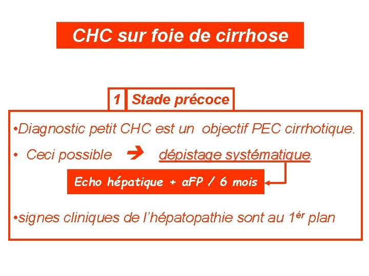 CHC sur foie de cirrhose 1 Stade précoce • Diagnostic petit CHC est un