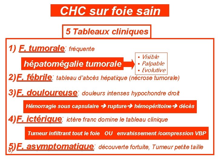 CHC sur foie sain 5 Tableaux cliniques 1) F. tumorale: tumorale fréquente hépatomégalie tumorale