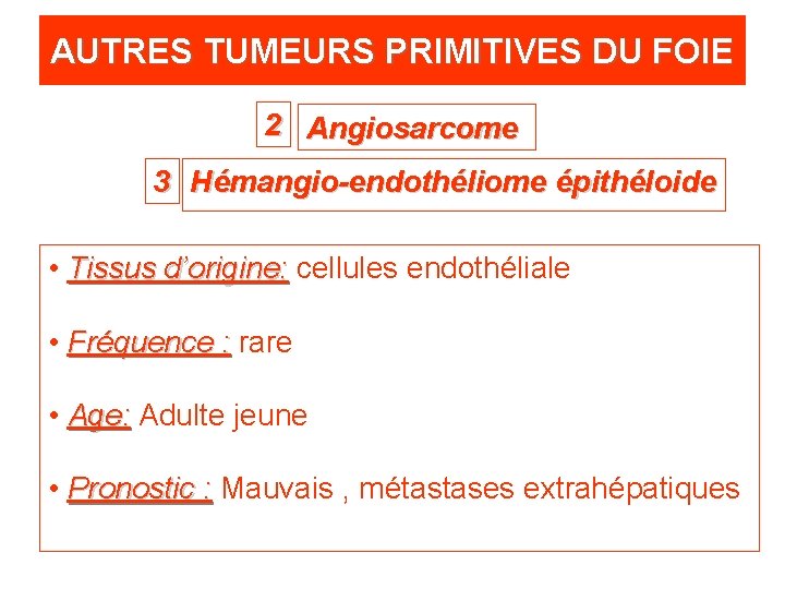 AUTRES TUMEURS PRIMITIVES DU FOIE 2 Angiosarcome 3 Hémangio-endothéliome épithéloide • Tissus d’origine: cellules
