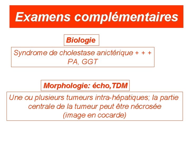 Examens complémentaires Biologie Syndrome de cholestase anictérique + + + PA, GGT Morphologie: écho,