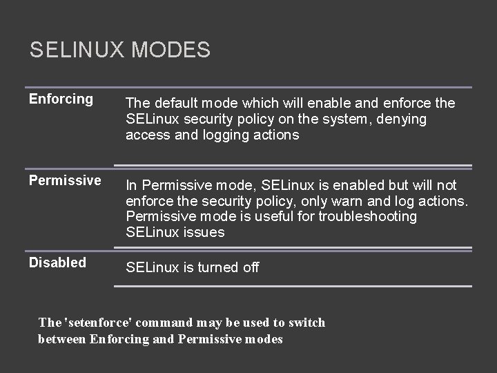 SELINUX MODES Enforcing The default mode which will enable and enforce the SELinux security