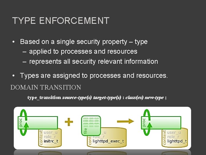 TYPE ENFORCEMENT • Based on a single security property – type – applied to