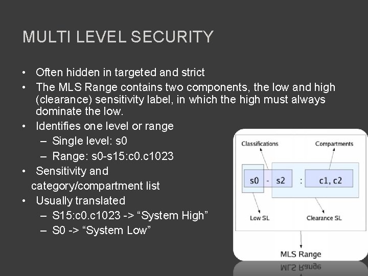 MULTI LEVEL SECURITY • Often hidden in targeted and strict • The MLS Range