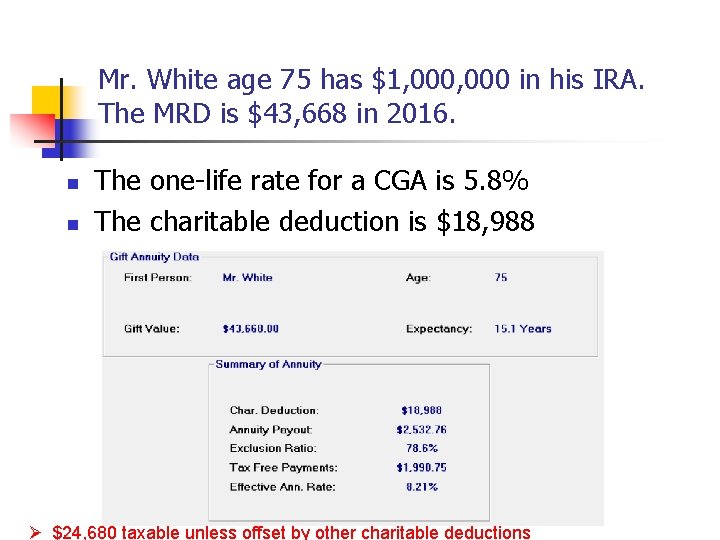 Mr. White age 75 has $1, 000 in his IRA. The MRD is $43,
