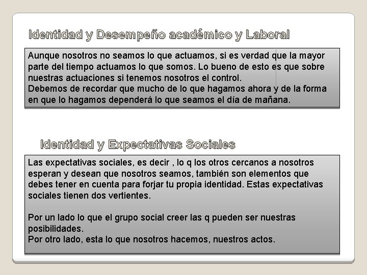 Identidad y Desempeño académico y Laboral Aunque nosotros no seamos lo que actuamos, si