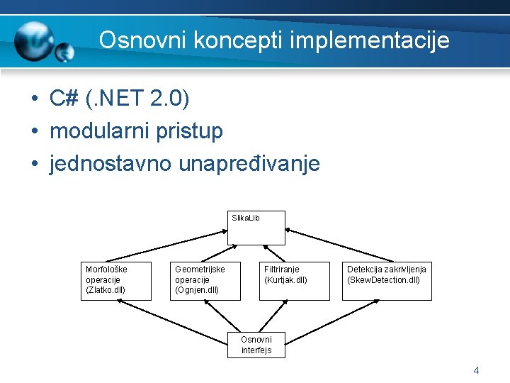 Osnovni koncepti implementacije • C# (. NET 2. 0) • modularni pristup • jednostavno