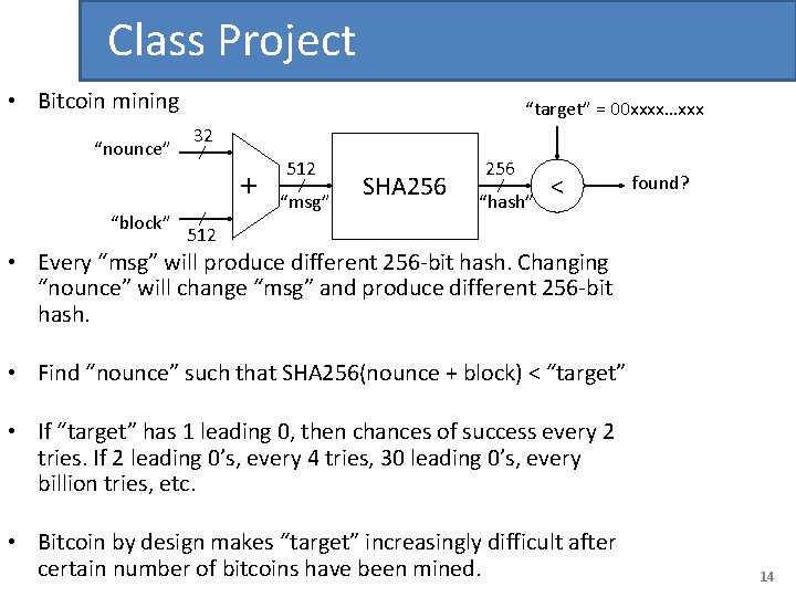 Class Project • Bitcoin mining “nounce” “target” = 00 xxxx…xxx 32 + “block” 512