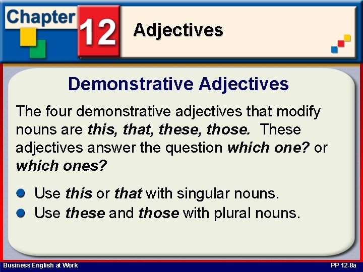 Adjectives Demonstrative Adjectives The four demonstrative adjectives that modify nouns are this, that, these,