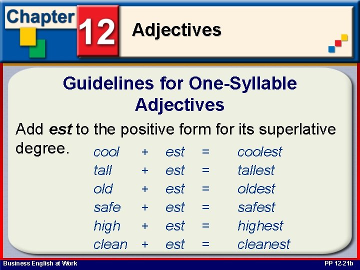 Adjectives Guidelines for One-Syllable Adjectives Add est to the positive form for its superlative