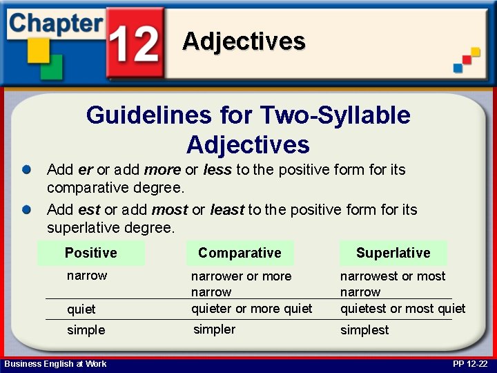 Adjectives Guidelines for Two-Syllable Adjectives Add er or add more or less to the