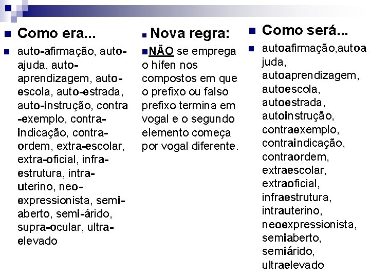 n Como era. . . n auto-afirmação, autoajuda, autoaprendizagem, autoescola, auto-estrada, auto-instrução, contra -exemplo,