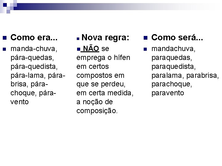 n Como era. . . n manda-chuva, pára-quedas, pára-quedista, pára-lama, párabrisa, párachoque, páravento Nova