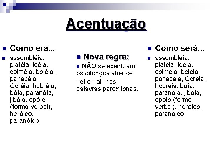 Acentuação n Como era. . . n assembléia, platéia, idéia, colméia, boléia, panacéia, Coréia,