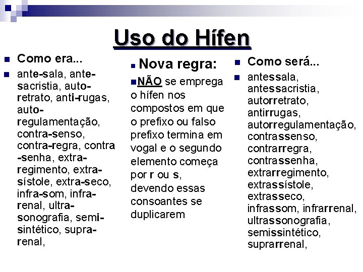 Uso do Hífen n Como era. . . n ante-sala, antesacristia, autoretrato, anti-rugas, autoregulamentação,